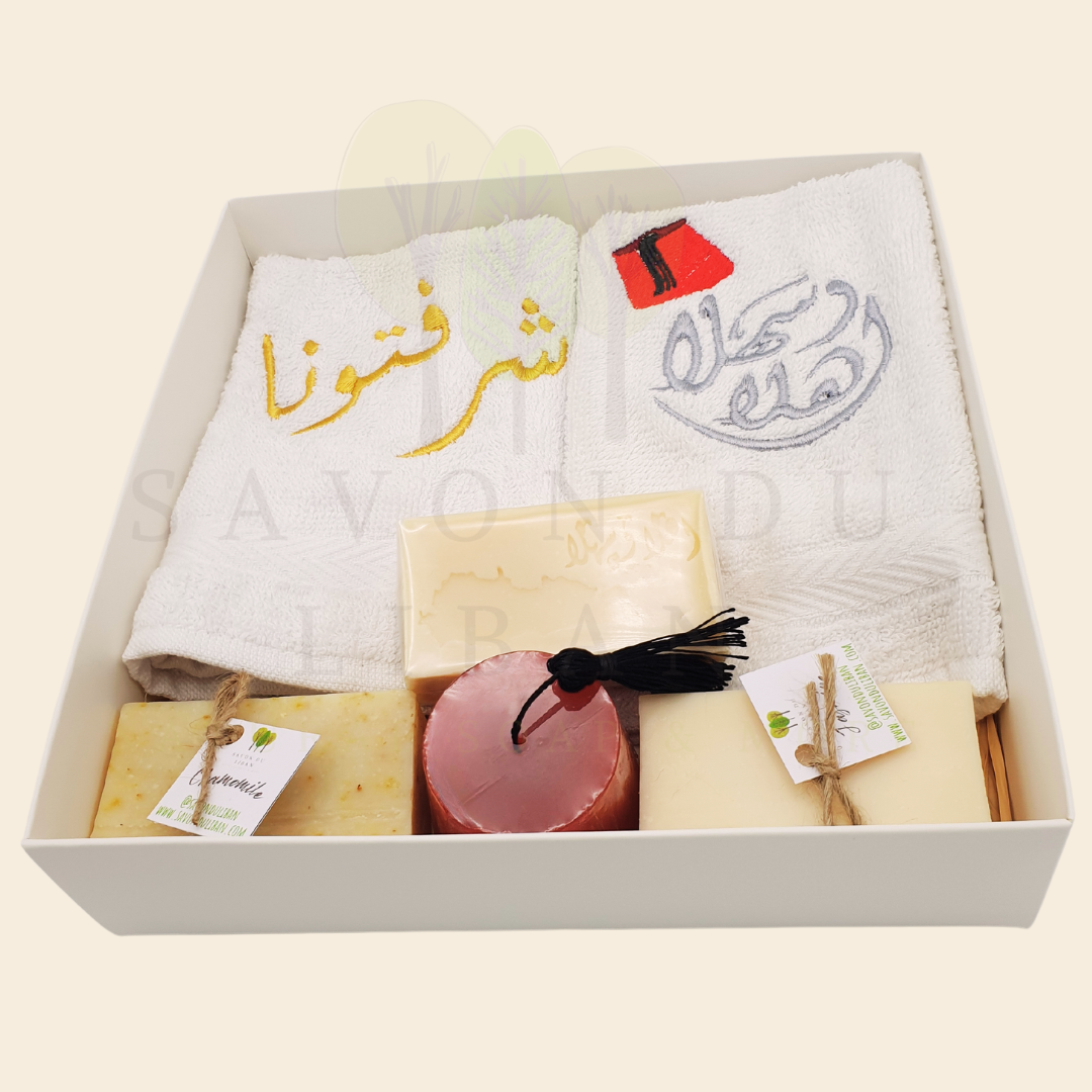 Lebanese Gift Set "Good to See You" 2 Towels with Handmade Soap Bars