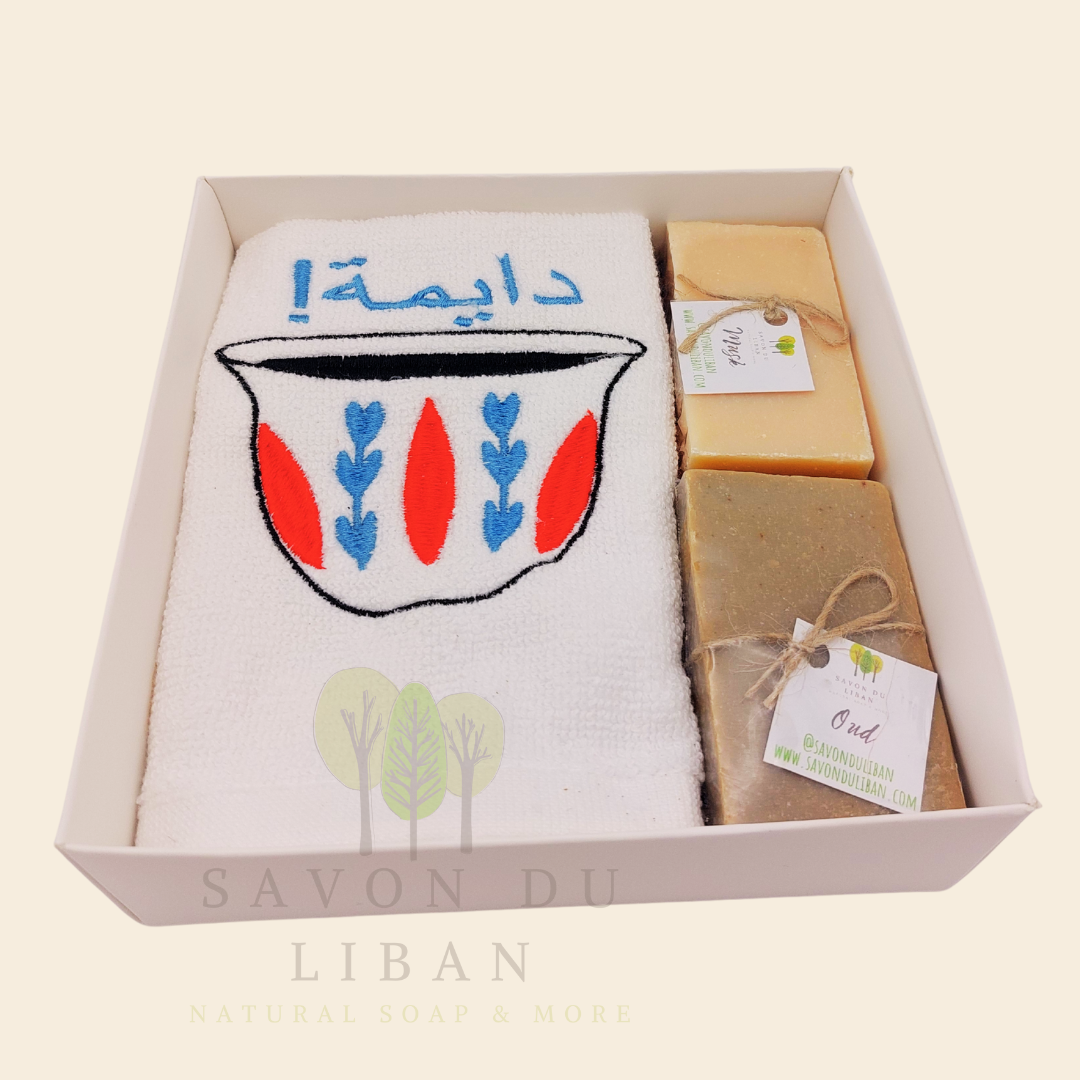 Al Shaffeh gift box with embroidered towel and Lebanese soaps.