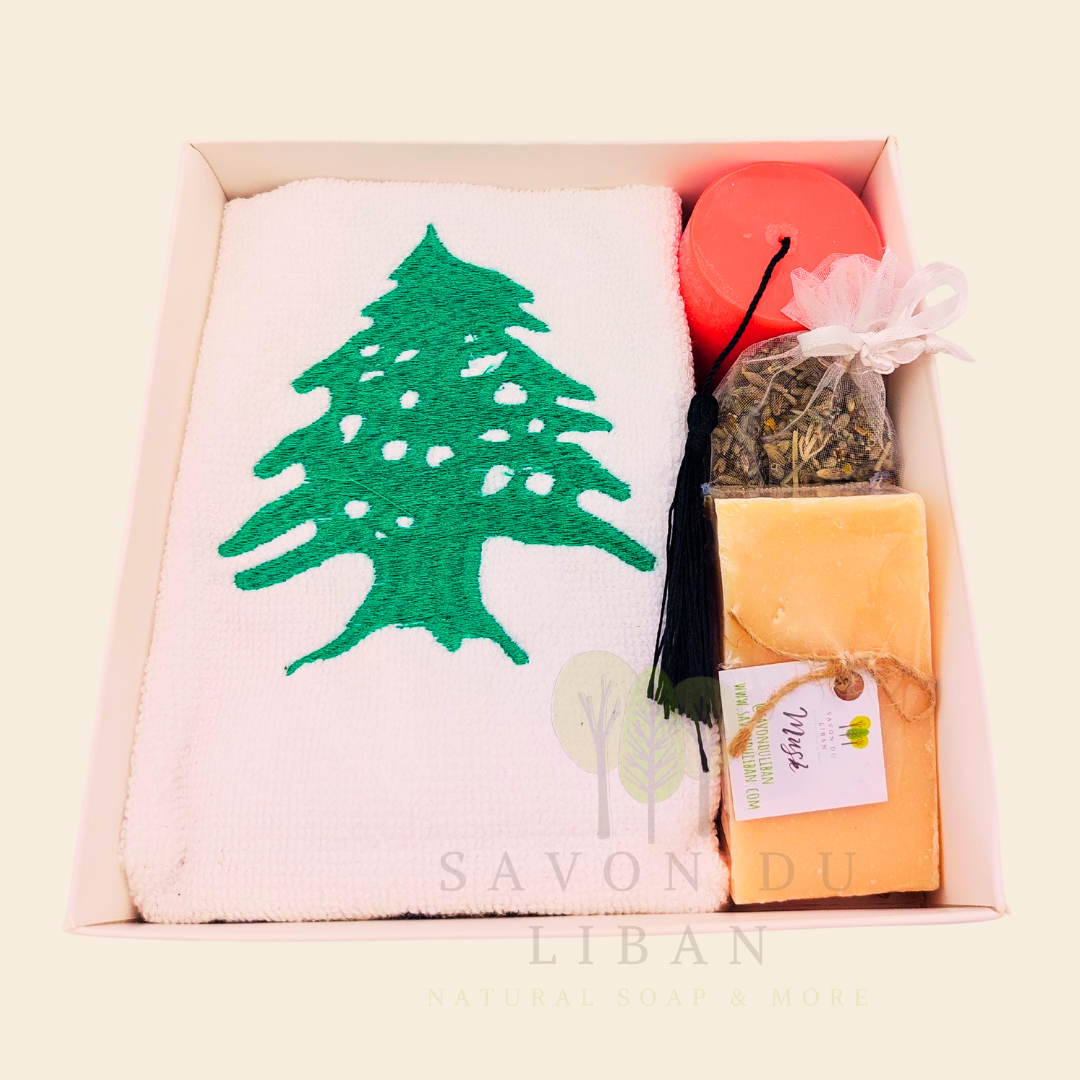 Retro Charm of Lebanon embroidered towel and soap gift box.