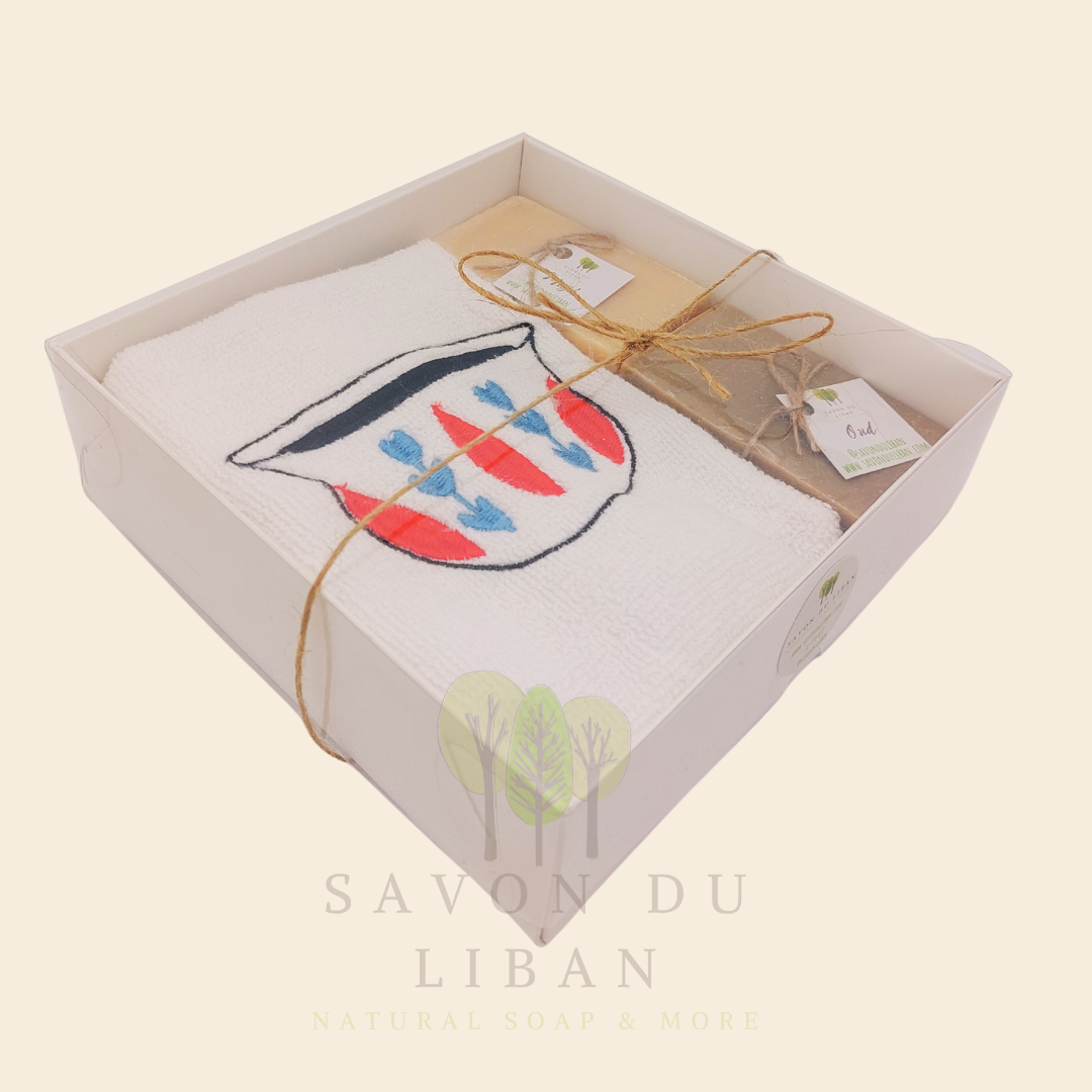 Al Shaffeh gift box with embroidered towel and Lebanese soaps.