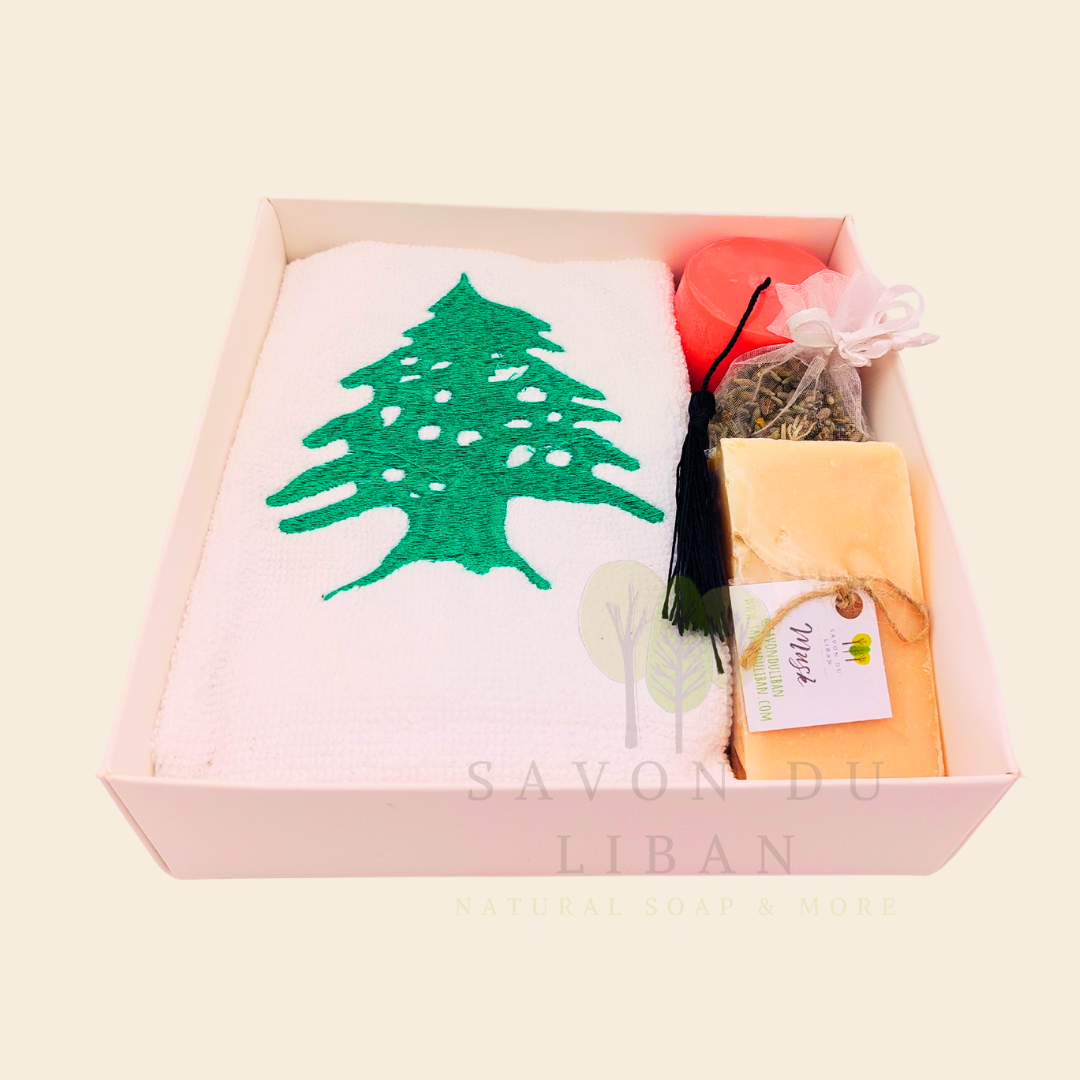 Retro Charm of Lebanon embroidered towel and soap gift box.