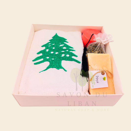 Retro Charm of Lebanon embroidered towel and soap gift box.