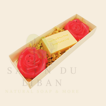 A Teacher’s Scent-sational Petals – The 2025 Teacher's Day Floral Gift Set with a Musk soap stamped 'Grow Minds ❤️ Touch Hearts - Happy Teacher's Day!' and two scented flower-shaped soaps in an elegant 23x8x3.5 cm box with transparent cover.