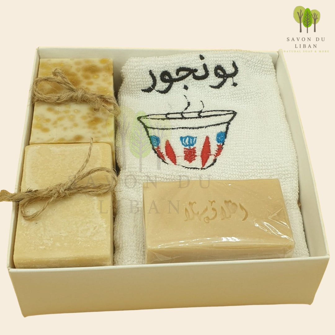 Al Shaffeh Traditional Gift Set with handmade soaps and embroidered towel: Cup with بونجور or Bonjour written in Arabic Letters