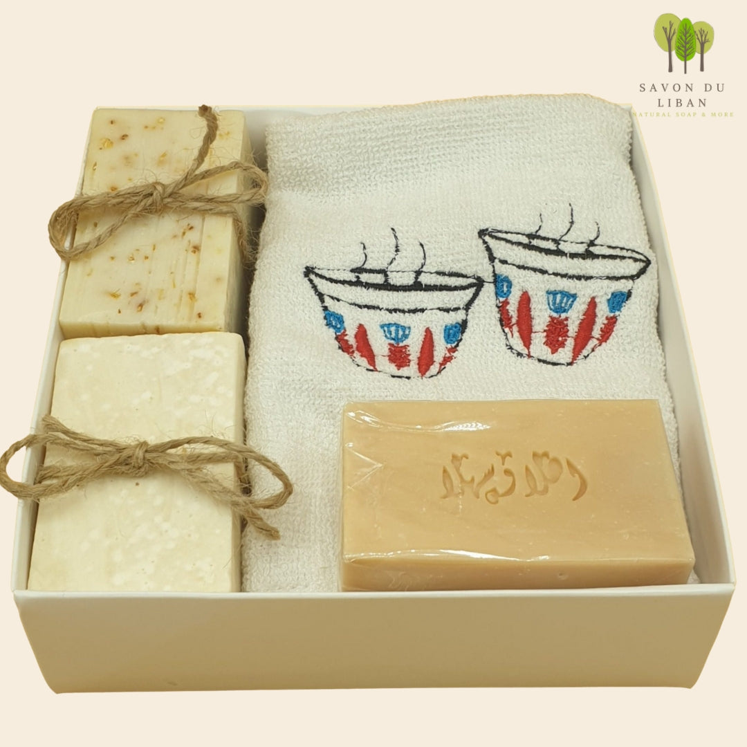 Al Shaffeh Traditional Gift Set with handmade soaps and embroidered towel: Double Cup