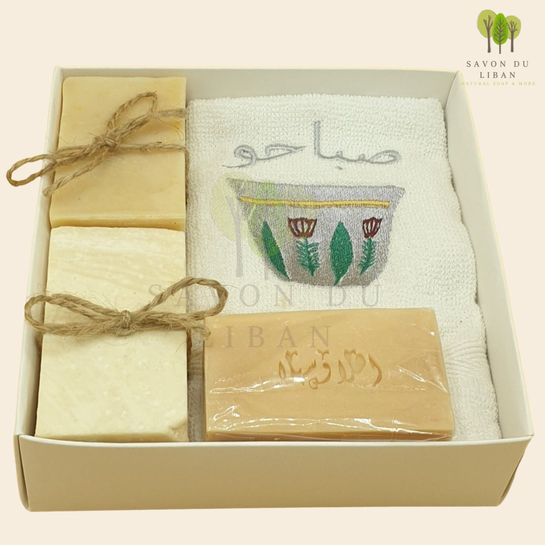 Al Shaffeh Traditional Gift Set with handmade soaps and embroidered towel: Cup with صباحو or Good Morning as spoken in Lebanese 