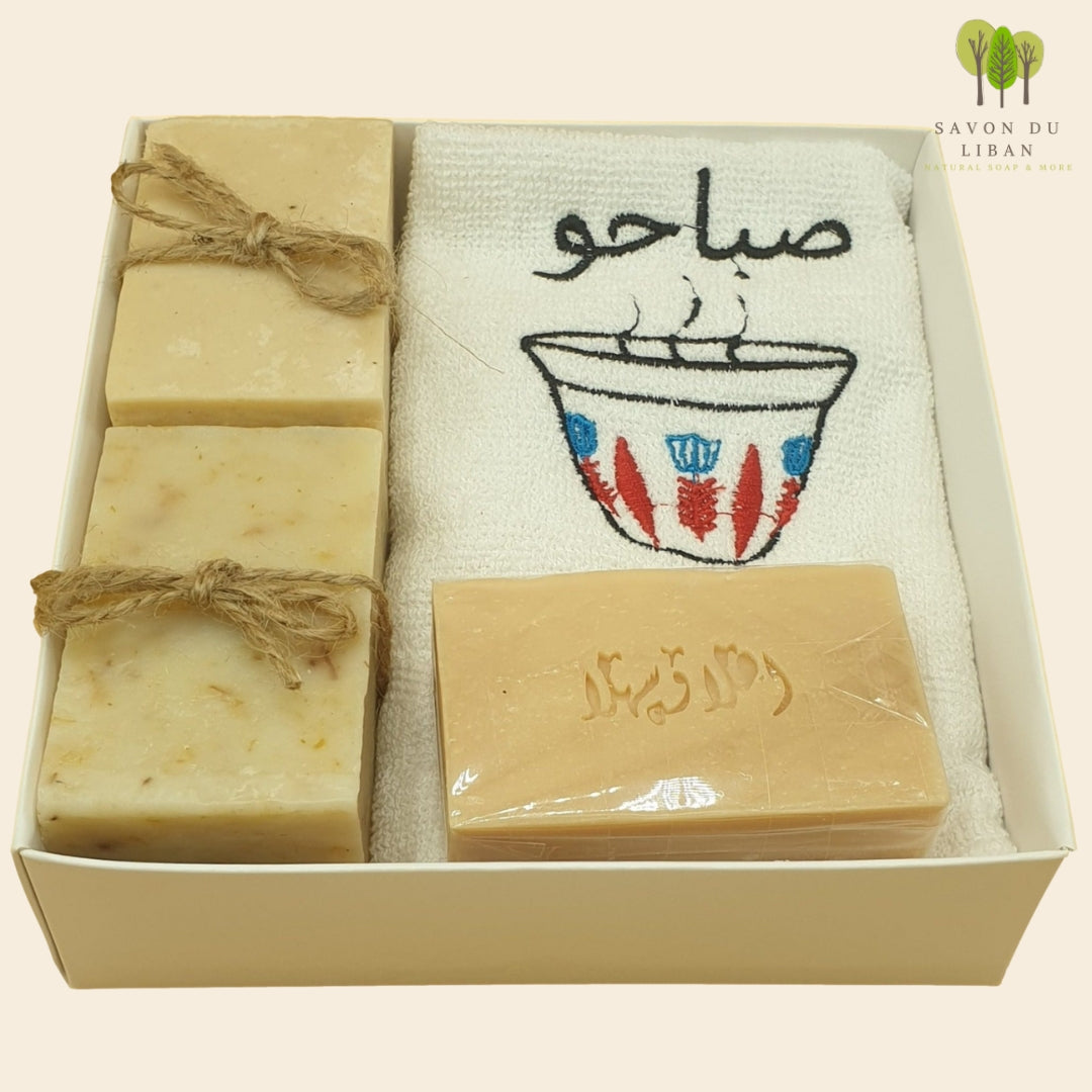 Al Shaffeh Traditional Gift Set with handmade soaps and embroidered towel: Cup with صباحو or Good Morning as spoken in Lebanese