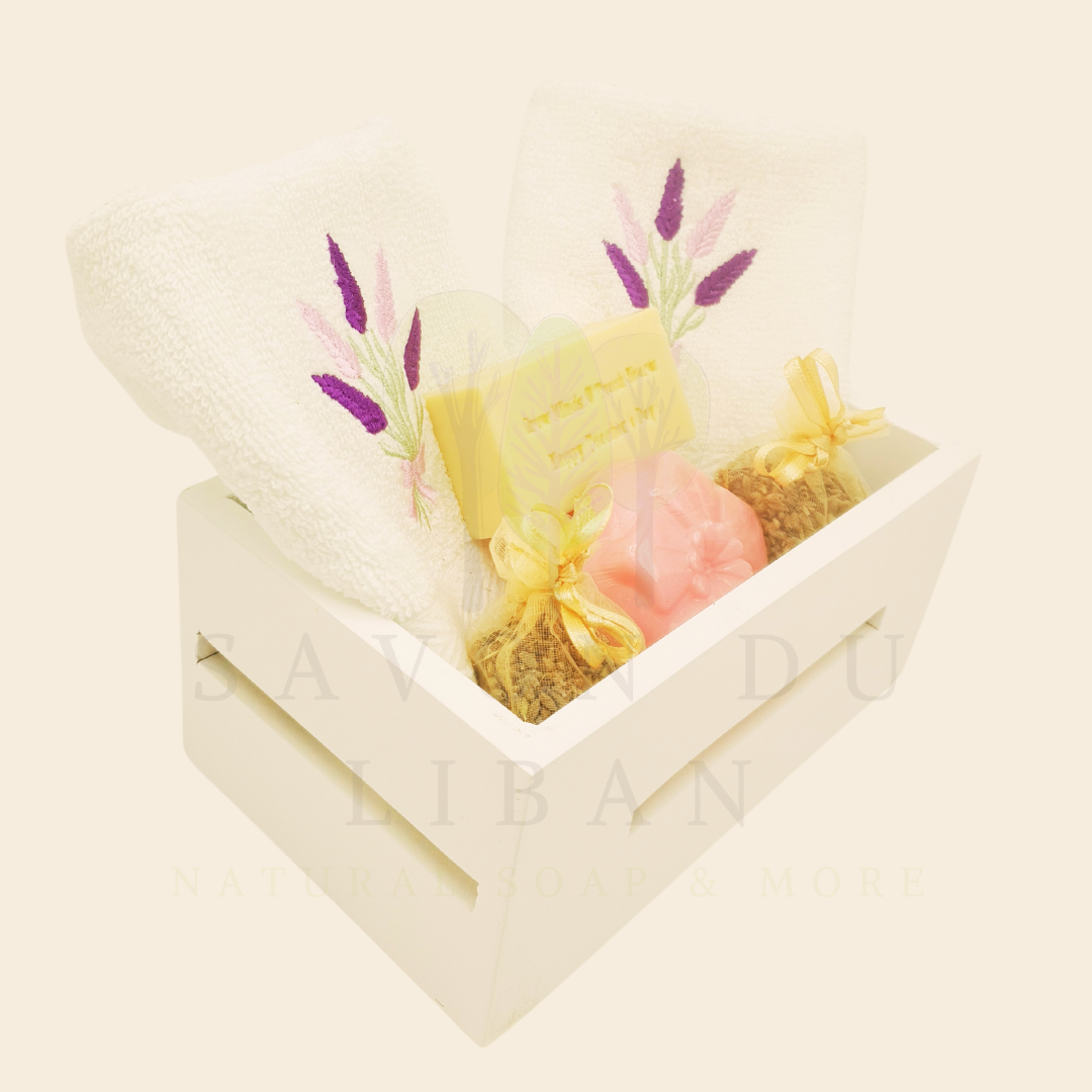 Blooming Minds Gift Basket, a wooden basket (20x12x9 cm) with 2 lavender-embroidered towels, a flower soap, a musk soap stamped with “Grow Minds ❤️ Touch Hearts - Happy Teacher's Day!” and 2 lavender buds bags.