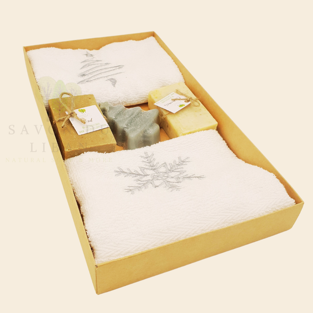 Christmas Elegance Gift Box with festive towels and handmade soaps in a kraft box.