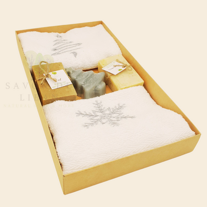 Christmas Elegance Gift Box with festive towels and handmade soaps in a kraft box.