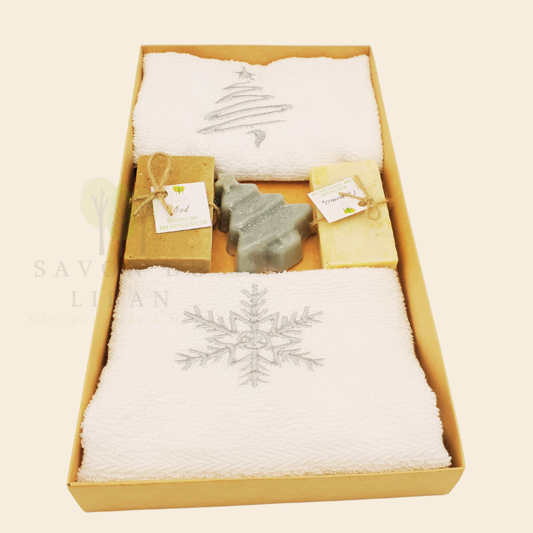 Christmas Elegance Gift Box with festive towels and handmade soaps in a kraft box.