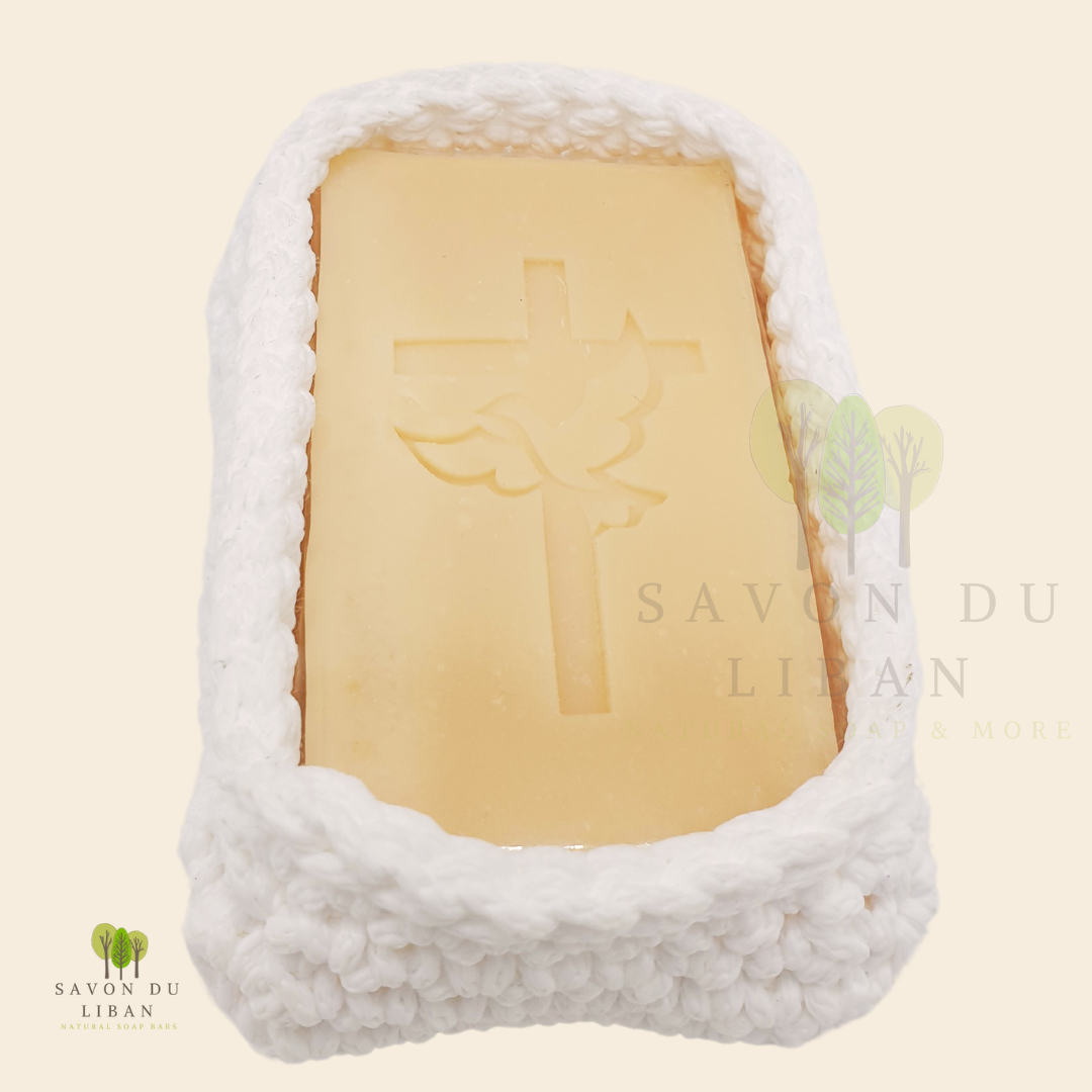 Savon du Liban Baptism & Holy Communion Stamped Soap in Crochet: Cross with Pigeon