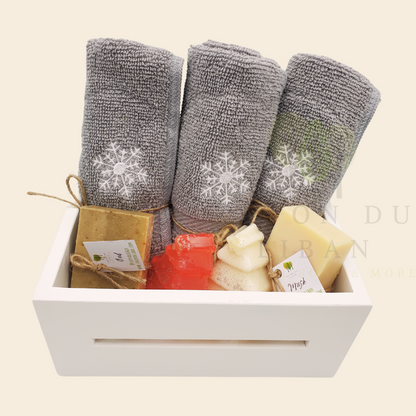 Frosted Treasures Basket made of solid wood, with snowflake-embroidered towels, Christmas tree soaps and soap bars.