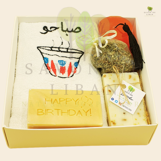 Retro Charm Lebanon Gift Set with Tarboosh Soap and Embroidered Towel & Happy Birthday! Soap