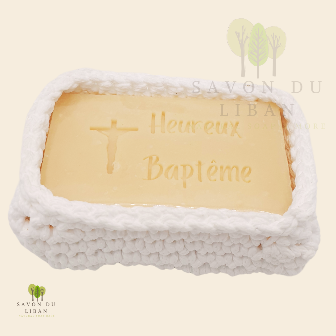 Savon du Liban Baptism & Holy Communion Stamped Soap in Crochet: Heureux Bapteme