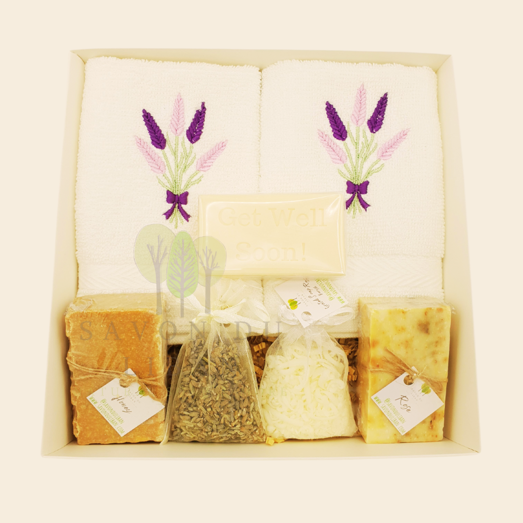 Lavender Moments Gift Set - Get Well Soon Edition: A Wishing-well Gift Set including handmade soaps and towels from Lebanon.