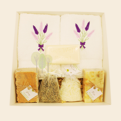 Lavender Moments Gift Set - Get Well Soon Edition: A Wishing-well Gift Set including handmade soaps and towels from Lebanon.