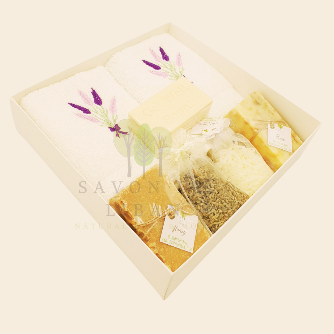 Lavender Moments Gift Set - Get Well Soon Edition: A Wishing-well Gift Set including handmade soaps and towels from Lebanon.