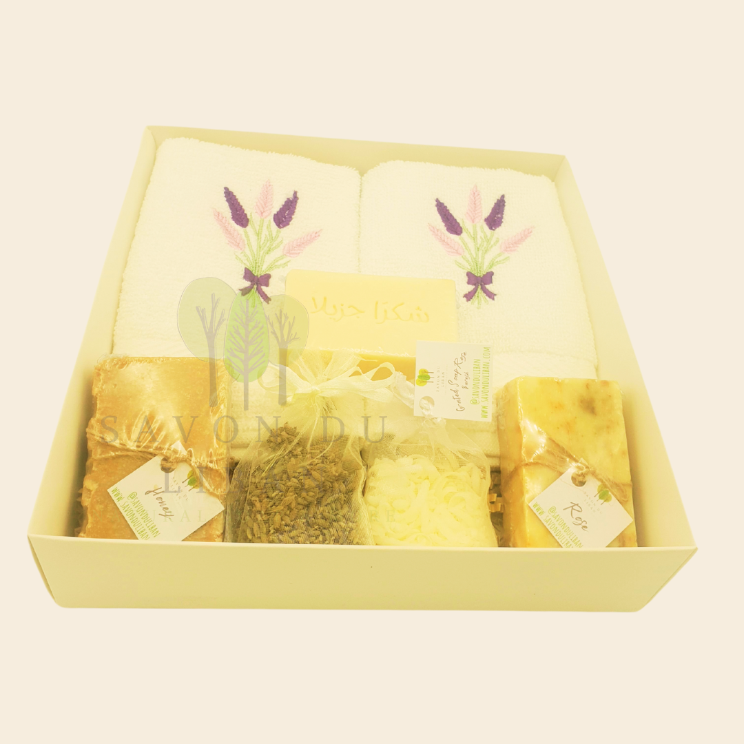 Lavender Moments Gift Set - Thank You Edition: A gratitude Gift Set including handmade soaps and towels from Lebanon.