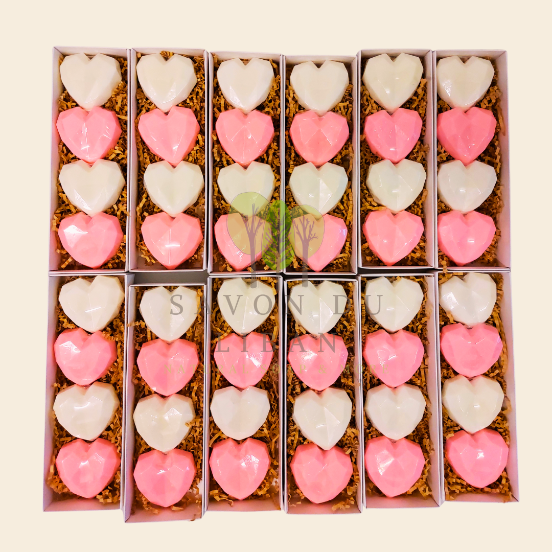 Love All Around gift box with four heart-shaped pink and white soaps by Savon du Liban