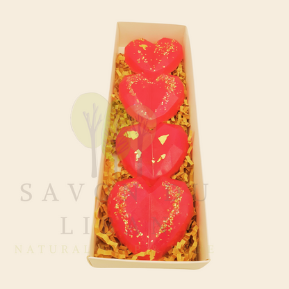 Superb Gift Set of 4 Heart Soaps with different color combinations, in a 23x8x3.5 cm box with transparent cover. Perfect for Valentine's Day, Teacher's Day, Mother's Day or any occasion to show you care! Handmade in Lebanon.