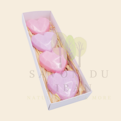 Superb Gift Set of 4 Heart Soaps with different color combinations, in a 23x8x3.5 cm box with transparent cover. Perfect for Valentine's Day, Teacher's Day, Mother's Day or any occasion to show you care! Handmade in Lebanon.