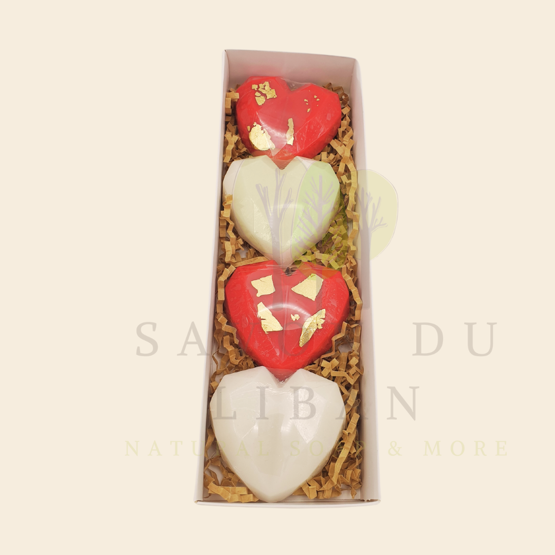 Superb Gift Set of 4 Heart Soaps with different color combinations, in a 23x8x3.5 cm box with transparent cover. Perfect for Valentine's Day, Teacher's Day, Mother's Day or any occasion to show you care! Handmade in Lebanon.