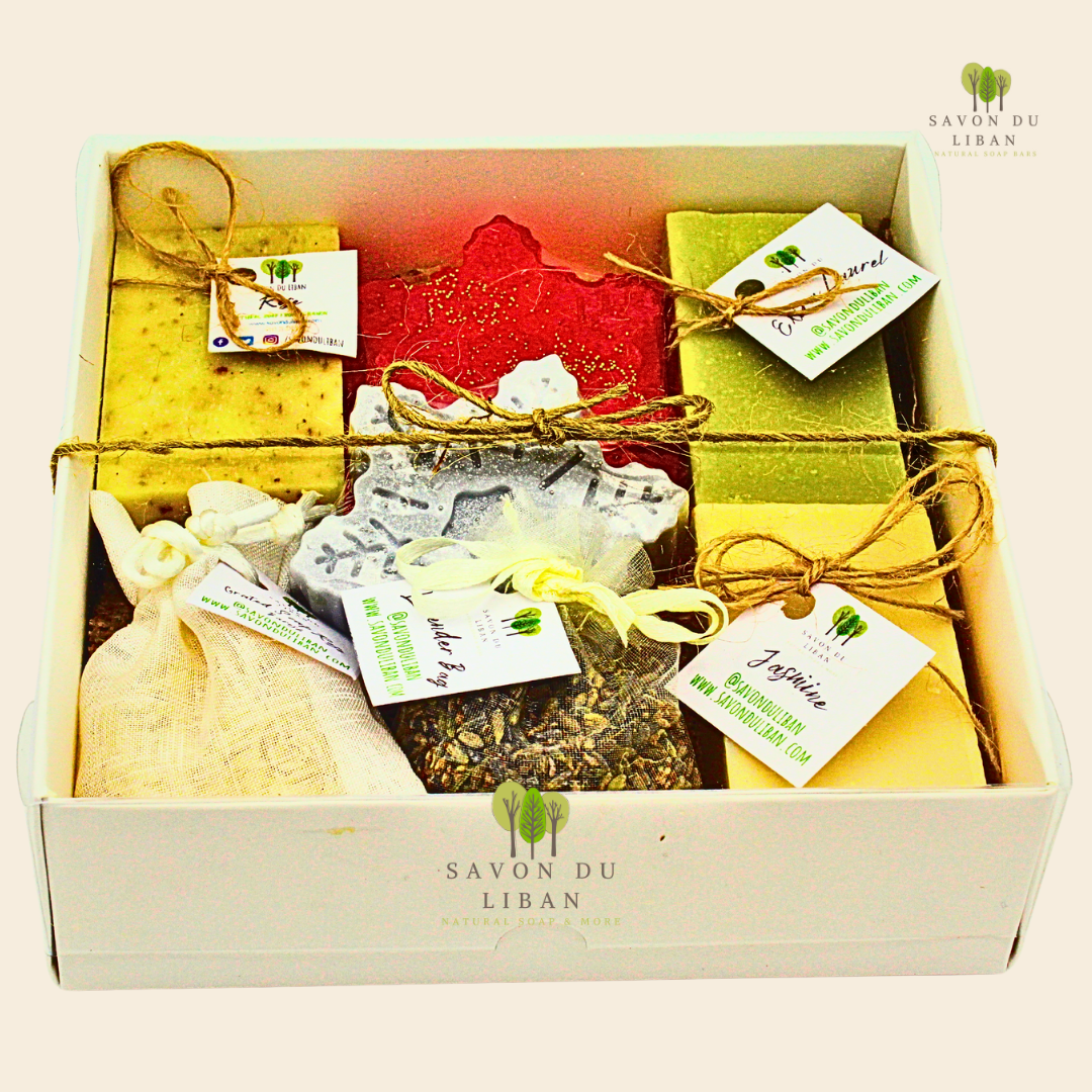 North Pole Wonders Gift Box with premium Lebanese soaps, snowflake soaps, grated soap bag and lavender bag.