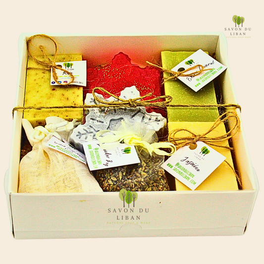 North Pole Wonders Gift Box with premium Lebanese soaps, snowflake soaps, grated soap bag and lavender bag.