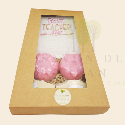 "Petals, Stitches & Bubbles Teacher’s Treat" gift set for Teacher's Day 2025 with embroidered towel and pink flower soaps in a rustic kraft box (30 x 17 x 4 cm).