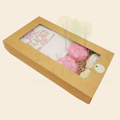 "Petals, Stitches & Bubbles Teacher’s Treat" gift set for Teacher's Day 2025 with embroidered towel and pink flower soaps in a rustic kraft box (30 x 17 x 4 cm).