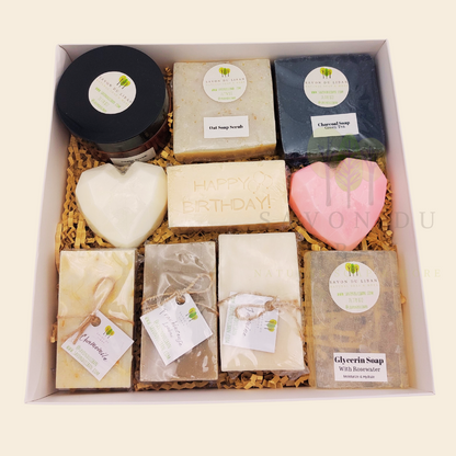 Radiance Unveiled spa gift box with soaps, scrubs, and heart soaps – perfect for birthdays or get well soon