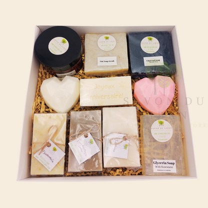 Radiance Unveiled spa gift box with soaps, scrubs, and heart soaps – perfect for birthdays or get well soon