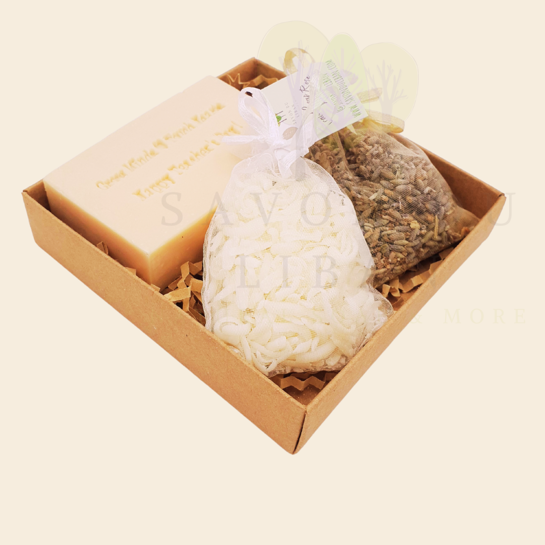 Teacher's Scented Box – Grated soap bag with lavender buds along with musk soap engraved 'Grow Minds ❤️ Touch Hearts - Happy Teacher's Day!' in an elegant 11x11x2.5 cm box with transparent cover.